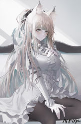 Rule 34 | 1girl, alternate eye color, alternate hair color, animal ear fluff, animal ears, arknights, artist name, black pantyhose, blemishine (arknights), blunt bangs, breasts, ceey, commentary, dress, grey eyes, hand on own chest, horse girl, large breasts, long hair, long sleeves, looking at viewer, pantyhose, short dress, silver hair, solo, very long hair, white dress