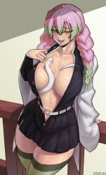 Rule 34 | 1girl, blush, breasts, cleavage cutout, clothing cutout, female focus, formal, green eyes, highres, jacket, kanroji mitsuri, kimetsu no yaiba, large breasts, looking at another, midriff, multicolored hair, navel, smile, snake, solo, stopu, suit, thick thighs, thighhighs, thighs, uniform