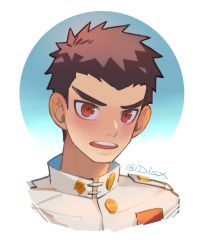 Rule 34 | 1boy, artist name, brown hair, buttons, commentary request, cropped shoulders, danganronpa: trigger happy havoc, danganronpa (series), green background, highres, ishimaru kiyotaka, jacket, male focus, ming feng (disx sleep), open mouth, portrait, red eyes, school uniform, short hair, solo, teeth, uniform, upper teeth only, watermark, white background, white jacket