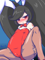 Rule 34 | 1girl, :o, animal ears, artist name, ashley (warioware), bare shoulders, big hair, black hair, blue background, blush, bow, detached collar, eyebrows, fake animal ears, fast-r, female focus, hand on own thigh, leotard, long hair, looking at viewer, nintendo, outline, parted lips, playboy bunny, rabbit ears, rabbit tail, red bow, red eyes, red leotard, shiny clothes, sidelocks, solo, spread legs, strapless, strapless leotard, tail, thighs, twintails, very long hair, warioware