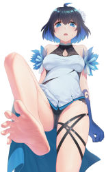 Rule 34 | 1girl, :o, arka91, bare shoulders, barefoot, black panties, blue eyes, blue gloves, blue hair, bob cut, breasts, chinese clothes, dress, feet, flower, foot focus, foreshortening, gloves, hair flower, hair ornament, highres, honkai (series), honkai impact 3rd, looking at viewer, medium hair, open mouth, panties, seele vollerei, seele vollerei (stygian nymph), simple background, sleeveless, sleeveless dress, soles, solo, toes, underwear, white background, white dress, white flower