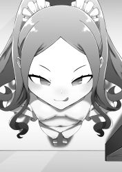 Rule 34 | 1girl, breasts, completely nude, fate/grand order, fate (series), forehead, from above, greyscale, highres, licking lips, long hair, monochrome, navel, nipples, nude, parted bangs, small breasts, smile, solo, standing, tatsumaki udon, tongue, tongue out, twintails, wu zetian (fate)