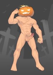 Rule 34 | 1boy, abs, absurdres, bara, biceps, completely nude, erection, fire, flexing, full body, halloween, halloween costume, highres, hunterkay, jack-o&#039;-lantern, male focus, male pubic hair, muscular, muscular male, navel, navel hair, nipples, nude, original, paid reward available, pectorals, penis, pubic hair, pumpkin hat, scar, scar on arm, scar on chest, scar on leg, solo, standing, stomach, thighs, uncensored