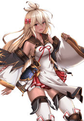 Rule 34 | 1girl, :d, ayase tamaki, bare shoulders, bow, brown hair, dark-skinned female, dark skin, detached sleeves, gluteal fold, granblue fantasy, hair bow, highres, long hair, long sleeves, looking at viewer, open mouth, pleated skirt, red bow, red eyes, red skirt, sailor collar, skirt, sleeves past wrists, smile, solo, thighhighs, very long hair, white background, white thighhighs, wide sleeves, zooey (granblue fantasy)