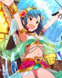Rule 34 | &gt;:d, 10s, 1girl, :d, armlet, bikini, blue hair, blush, bracelet, braid, crown, flower, flower on head, hair flower, hair ornament, hibiscus, idolmaster, idolmaster million live!, jewelry, looking at viewer, lots of jewelry, nanao yuriko, navel, necklace, official art, open mouth, smile, solo, swimsuit, v-shaped eyebrows, yellow eyes
