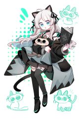 Rule 34 | 1girl, :o, absurdres, akaruku, animal, animal ears, arknights, bare shoulders, black dress, black footwear, black jacket, black ribbon, black thighhighs, blonde hair, book, cat, cat ears, cat girl, cat tail, chinese commentary, commentary request, dress, green eyes, hair ribbon, highres, holding, holding animal, holding book, holding cat, jacket, layered dress, long hair, looking at viewer, mint (arknights), mint (elite ii) (arknights), off shoulder, open mouth, ribbon, siamese cat, simple background, solid circle eyes, solo, tail, thighhighs, white background