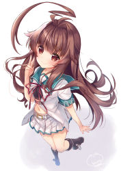 Rule 34 | 1girl, ahoge, black footwear, blush, boots, brown eyes, brown hair, closed mouth, commentary request, from above, green sailor collar, highres, huge ahoge, kantai collection, ko yu, kuma (kancolle), long hair, navel, neck ribbon, perspective, pleated skirt, red ribbon, ribbon, sailor collar, sailor shirt, school uniform, serafuku, shirt, short sleeves, simple background, skirt, smile, solo, v, white background, white shirt, white skirt