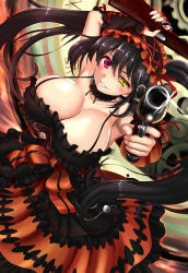 Rule 34 | 10s, 1girl, alternate breast size, bare shoulders, black hair, breasts, cleavage, clock eyes, date a live, downblouse, dress, dual wielding, gun, hairband, heterochromia, highres, holding, holding gun, holding weapon, huge breasts, inago, lolita fashion, lolita hairband, long hair, looking at viewer, no bra, red eyes, rifle, smile, solo, symbol-shaped pupils, tokisaki kurumi, twintails, weapon, yellow eyes