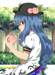 Rule 34 | 1girl, blue hair, bush, dress, dress shirt, food, food on head, from side, fruit, fruit on head, hat, hinanawi tenshi, layered dress, long hair, looking at viewer, monosenbei, object on head, outdoors, peach, profile, puffy short sleeves, puffy sleeves, red eyes, sash, shirt, short sleeves, solo, touhou, tree, very long hair