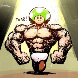 Rule 34 | 1boy, abs, blush stickers, character name, clenched hands, hat, looking at viewer, male focus, manly, muscular, nintendo, panties, rariatto (ganguri), realistic, topless male, solo, standing, super smash bros., toad (mario), twitter username, underwear, veins, white panties