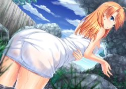 Rule 34 | 1girl, ass, bad perspective, blue eyes, blue sky, breasts, cloud, day, dutch angle, falcom, forest, laxia (ys), leaning forward, lips, looking at viewer, medium breasts, miyai sen, mountain, naked towel, nature, orange hair, outdoors, parted lips, partially submerged, plant, rock, see-through, sky, solo, standing, towel, wading, water, ys, ys viii lacrimosa of dana