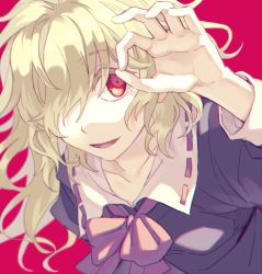 Rule 34 | 1girl, blonde hair, bow, collar, dress, long hair, maribel hearn, ok sign, open mouth, purple bow, purple dress, purple neckwear, re ghotion, red background, red eyes, solo, solo focus, source request, touhou, white collar