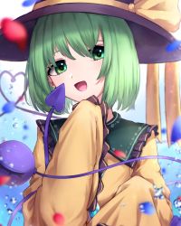 Rule 34 | 1girl, absurdres, black hat, blouse, blue background, bow, collar, crystal, frills, gradient background, green eyes, green hair, hair between eyes, hands up, hat, hat bow, highres, jewelry, komeiji koishi, long sleeves, looking at viewer, mozuno (mozya 7), open mouth, petals, shirt, short hair, smile, solo, third eye, touhou, water, white background, yellow bow, yellow shirt, yellow sleeves