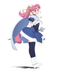 Rule 34 | 1girl, arms behind back, black thighhighs, boots, cape, dress, female focus, full body, gloves, hair ribbon, jewelry, long hair, millie chliette, necklace, official art, pink eyes, pink hair, pointy ears, ponytail, ribbon, simple background, smile, solo, star ocean, star ocean first departure, tail, thighhighs, thighhighs under boots, wand, white background, white gloves