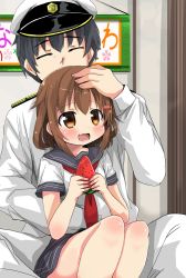 Rule 34 | 10s, 1boy, 1girl, admiral (kancolle), arm around waist, black hair, blush, brown eyes, brown hair, clothes, commentary request, closed eyes, fang, food, fruit, hair ornament, hairclip, hand on another&#039;s head, hat, highres, holding, holding food, holding fruit, ikazuchi (kancolle), indoors, kantai collection, military, military uniform, naval uniform, neckerchief, open mouth, oshiruko (uminekotei), peaked cap, red neckerchief, school uniform, serafuku, short hair, short sleeves, sitting, sitting on lap, sitting on person, skin fang, skirt, smile, uniform, watermelon, watermelon slice