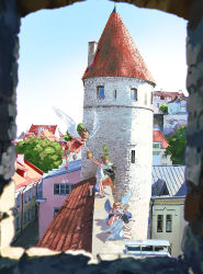 Rule 34 | 5girls, angel, angel wings, blue sky, castle, commentary request, day, feathered wings, flying, giving, highres, multiple girls, no humans, original, pov, rooftop, scenery, sky, symbol-only commentary, tower, town, umishima senbon, wings