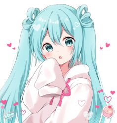 Rule 34 | 1girl, blue eyes, blue hair, blush, commentary, cupcake, food, hair rings, hand up, hatsune miku, heart, hood, hoodie, kokoshira 0510, long hair, looking at viewer, open mouth, polka dot, polka dot ribbon, ribbon, sleeves past fingers, sleeves past wrists, solo, twintails, upper body, very long hair, vocaloid