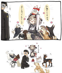 Rule 34 | 1boy, 1girl, 2koma, animal ears, arms up, belt, biscuit (nikke), black dress, bow, bowtie, breasts, brooch, checkered bow, checkered bowtie, checkered clothes, chestnut mouth, comic, commander (nikke), dog, dog ears, dog girl, dog tail, dress, dress shirt, eating, fangs, goddess of victory: nikke, hair ornament, hair ribbon, heart, heart brooch, heart hair ornament, highres, holding, jewelry, light brown hair, loafers, medium breasts, medium hair, mini dang01, pet food, puffy sleeves, ribbon, shirt, shoes, socks, tail, white socks
