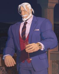 Rule 34 | 1boy, alcohol, bara, beard, blue eyes, business suit, champagne, champagne flute, closed eyes, cuff links, cup, drinking glass, facial hair, formal, handkerchief, highres, holding, jp (street fighter), large pectorals, leaning to the side, long hair, male focus, mature male, muscular, muscular male, mustache, necktie, night, night sky, pectorals, ponytail, red vest, sa1k0p, shirt, sky, smile, solo, street fighter, street fighter 6, suit, terrace, thick eyebrows, thick mustache, veins, vest, watch, white hair, white shirt, wristwatch
