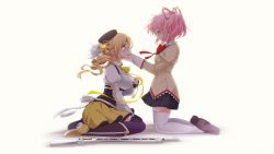 Rule 34 | 10s, 2girls, beret, blonde hair, boots, breasts, chikage (kinokodou), closed eyes, fingerless gloves, gloves, gun, hair ornament, hands on another&#039;s face, hat, highres, kaname madoka, kneeling, large breasts, magical girl, magical musket, mahou shoujo madoka magica, multiple girls, pink hair, school uniform, sitting, smile, tears, thighhighs, tomoe mami, twintails, wallpaper, wariza, weapon, white legwear, yellow eyes, zettai ryouiki