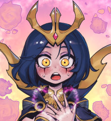 Rule 34 | 1girl, black hair, blush, breasts, cape, cleavage, gradient background, hair ornament, hand up, heart, league of legends, leblanc (league of legends), looking at viewer, medium breasts, medium hair, open mouth, phantom ix row, solo, sweat, teeth, upper teeth only, yellow eyes