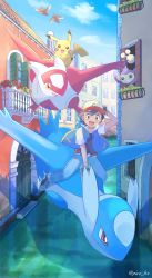 Rule 34 | 1boy, :d, aipom, ash ketchum, baseball cap, bird, canal, cloud, commentary request, creatures (company), day, fingerless gloves, game freak, gen 1 pokemon, gen 2 pokemon, gen 3 pokemon, gloves, hat, highres, jacket, latias, latios, legendary pokemon, male focus, mei (maysroom), nintendo, open clothes, open jacket, open mouth, outdoors, pants, pidgey, pikachu, pokemon, pokemon (anime), pokemon (classic anime), pokemon (creature), pokemon heroes: latios &amp; latias, riding, riding pokemon, shirt, shoes, sitting, sky, smile, sneakers, teeth, tongue, twitter username, upper teeth only, water