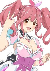 Rule 34 | 1girl, absurdres, breasts, brown eyes, cleavage, fuusuke (fusuke208), highres, idol clothes, large breasts, looking at viewer, macross, macross delta, makina nakajima, medium hair, multicolored nails, nail polish, open mouth, pink hair, simple background, smile, solo, twintails, twitter username, upper body, white background