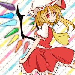 Rule 34 | 1girl, ascot, bad id, bad pixiv id, blonde hair, crystal, flandre scarlet, hat, hat ribbon, puffy sleeves, red eyes, revision, ribbon, short hair, short sleeves, side ponytail, smile, solo, tendo, touhou, wings