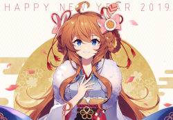 Rule 34 | 1girl, 2019, ahoge, blue eyes, blue kimono, bow, braid, braided hair rings, brown hair, commentary, egasumi, feather hair ornament, feathers, flower, fur, granblue fantasy, gun, hair bow, hair ornament, hair rings, handgun, happy new year, japanese clothes, kimono, lecia (granblue fantasy), long hair, long sleeves, new year, obi, parted lips, patterned background, petals, pink bow, sash, sharlorc, sidelocks, smile, solo, sun, tassel, upper body, very long hair, weapon, wide sleeves, yagasuri