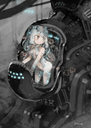 Rule 34 | 1girl, android, female focus, glowing, highres, konno takashi (frontier pub), machinery, navel, open mouth, original, science fiction, silver hair, solo, technology, twintails