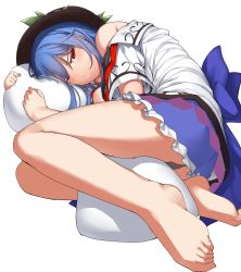 Rule 34 | 1girl, ;/, absurdres, bare legs, barefoot, black hat, black skirt, blue hair, blush, closed mouth, feet, fetal position, food, frilled skirt, frills, fruit, full body, hat, highres, hinanawi tenshi, hugging object, leaf, long hair, looking at viewer, lying, neropaso, off shoulder, on side, peach, pillow, pillow hug, plantar flexion, red eyes, shirt, short sleeves, skirt, solo, touhou, white shirt