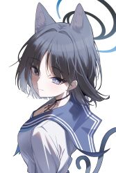 Rule 34 | 1girl, absurdres, animal ears, black eyes, black hair, black ribbon, blue archive, blue neckerchief, blue sailor collar, blush, cat ears, cat girl, cat tail, closed mouth, commentary, from side, hair intakes, halo, highres, kikyou (blue archive), looking at viewer, medium hair, multiple tails, neck ribbon, neckerchief, portrait, ribbon, sailor collar, school uniform, serafuku, shirt, simple background, smile, solo, tail, two tails, white background, white shirt, winterflower
