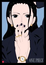 Rule 34 | 1girl, absurdres, arm behind head, black border, black nails, black shirt, blue border, blue eyes, border, chris re5, close-up, commentary, copyright name, earrings, english commentary, hair slicked back, highres, jewelry, looking at viewer, loose hair strand, nico robin, one piece, pink lips, ring, shirt, watch, wristwatch