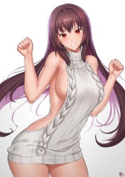 Rule 34 | 1girl, aran sweater, backless dress, backless outfit, bare shoulders, blush, breasts, brown hair, cable knit, contrapposto, cowboy shot, dress, fate/grand order, fate (series), gradient background, grey background, grey sweater, halterneck, hands up, highres, kakekcaboel, large breasts, long hair, looking at viewer, meme attire, naked sweater, parted lips, red eyes, ribbed sweater, scathach (fate), sideboob, signature, simple background, smile, solo, standing, sweater, sweater dress, turtleneck, turtleneck sweater, very long hair, virgin killer sweater, white sweater