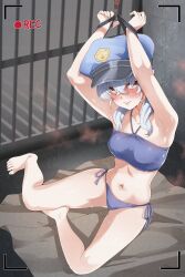 Rule 34 | 1girl, absurdres, armpits, arms up, bare legs, barefoot, bikini, blue archive, blue bikini, blue hair, blue headwear, blush, bound, bound wrists, breasts, collarbone, commentary request, hat, highres, indoors, light blue hair, looking at viewer, medium breasts, murabito c, navel, nose blush, peaked cap, prison, prison cell, recording, side-tie bikini bottom, sitting, stomach, sweatdrop, swimsuit, toes, valkyrie police academy student, valkyrie police academy student (blue archive), yokozuwari