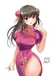 Rule 34 | 1girl, alternate breast size, alternate costume, artist name, black hair, blush, breasts, brown eyes, bun cover, china dress, chinese clothes, covered navel, cowboy shot, dated, double bun, dress, hair bun, hayashio (kancolle), highres, kantai collection, large breasts, long hair, looking at viewer, mole, mole under eye, no panties, one-hour drawing challenge, open mouth, owa (ishtail), pelvic curtain, pink dress, puffy short sleeves, puffy sleeves, short sleeves, side slit, simple background, smile, solo, white background