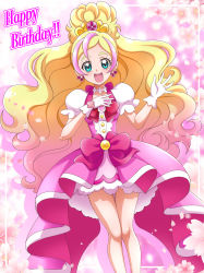Rule 34 | 1girl, :d, blonde hair, blue eyes, card (medium), collarbone, cure flora, dress, earrings, gloves, go! princess precure, gradient hair, hair ornament, hanzou, happy birthday, highres, jewelry, long hair, looking at viewer, multicolored hair, open mouth, pink dress, pink hair, precure, short dress, short sleeves, smile, solo, streaked hair, very long hair, white gloves, white sleeves