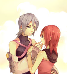 Rule 34 | 2girls, age difference, aqua (kingdom hearts), artist request, bare arms, bare shoulders, blue eyes, blue hair, bracelet, breasts, closed mouth, corset, detached sleeves, eye contact, facing another, fingerless gloves, gloves, hand on another&#039;s cheek, hand on another&#039;s chin, hand on chin, hand on own cheek, hand on own face, hand up, happy, height difference, holding hands, hood, hoodie, hug, jewelry, kairi (kingdom hearts), kingdom hearts, long hair, looking at another, matching hair/eyes, multiple girls, parted lips, red hair, short hair, smile, tank top, upper body