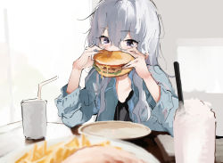 Rule 34 | 1girl, bendy straw, black shirt, blue jacket, blurry, blurry foreground, blush, burger, commentary request, cup, depth of field, disposable cup, drinking straw, eating, food, french fries, grey hair, hair between eyes, hands up, holding, holding food, indoors, jacket, kozakura (urasekai picnic), lamb (hitsujiniku), long hair, long sleeves, open clothes, open jacket, plate, purple eyes, shirt, solo, upper body, urasekai picnic