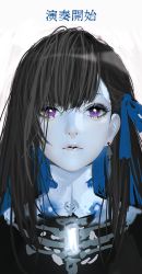 Rule 34 | 1girl, black hair, blue gemstone, blue hair, blue ribbon, d.k, earrings, eyelashes, gem, hair ribbon, jewelry, long eyelashes, long hair, looking at viewer, multicolored hair, parted lips, punishing: gray raven, purple eyes, ribbon, selena (punishing: gray raven), single earring, sketch, solo, translation request, turtleneck, two-tone hair, upper body