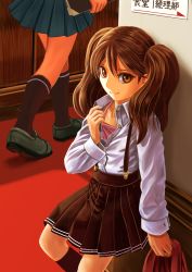Rule 34 | 10s, 2girls, abazu-red, black footwear, black legwear, black skirt, book, brown eyes, brown hair, child, clothes pull, dress shirt, eyebrows, highres, holding, holding book, holding clothes, holding shirt, kantai collection, light smile, long hair, long sleeves, looking at viewer, multiple girls, open clothes, open shirt, out of frame, pink shirt, pleated skirt, ryuujou (kancolle), shirt, shirt pull, unworn shirt, shoes, skirt, socks, solo focus, standing, suspender skirt, suspenders, twintails, unbuttoned, undershirt, white shirt
