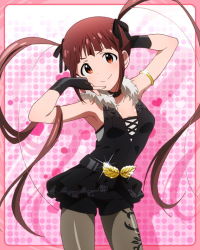 Rule 34 | &gt;:), 10s, 1girl, armlet, artist request, brown eyes, brown hair, fingerless gloves, gloves, heart, idolmaster, idolmaster million live!, matsuda arisa, official art, pantyhose, pantyhose under shorts, pink background, print pantyhose, shorts, smile, solo, twintails, v-shaped eyebrows