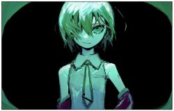 Rule 34 | 1girl, bare shoulders, black background, commentary request, detached sleeves, earrings, green eyes, green hair, green necktie, grey shirt, hair over one eye, hatsune miku, jewelry, long hair, looking at viewer, mawarusanso, necktie, shirt, simple background, solo, twintails, upper body, vocaloid