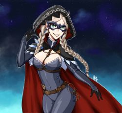 Rule 34 | 1girl, ahoge, belt, black cape, black gloves, blue bodysuit, bodysuit, braid, breasts, cape, chain, cleavage, commission, commissioner upload, covered navel, earrings, eye mask, feathers, fire emblem, fire emblem fates, fire emblem heroes, gem, gloves, gold chain, grey hair, harness, highres, hood, hood up, jewelry, key, keyring, leather, levilagann, long hair, low twintails, medium breasts, night, night sky, nina (fire emblem), nintendo, non-web source, o-ring, official alternate costume, parted bangs, red cape, skin tight, sky, smile, solo, star (sky), starry sky, turtleneck, twin braids, twintails, two-tone bodysuit, two-tone cape, upper body