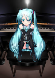 Rule 34 | aqua eyes, aqua hair, detached sleeves, grand piano, hatsune miku, highres, instrument, long hair, microphone, necktie, panties, pantyshot, piano, piano bench, sitting, solo, striped clothes, striped panties, suzume inui, thighhighs, twintails, underwear, vocaloid