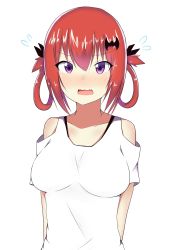 Rule 34 | 1girl, alternate breast size, arms behind back, bare shoulders, bat hair ornament, blush, bra strap, breasts, clothing cutout, commentary request, fang, flying sweatdrops, gabriel dropout, hair ornament, hair ribbon, hair rings, highres, looking at viewer, medium breasts, open mouth, purple eyes, red hair, ribbon, satanichia kurumizawa mcdowell, shirt, shoulder cutout, solo, takanashi karuta, upper body, wavy mouth, white background, white shirt