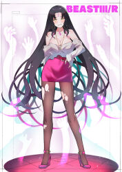 Rule 34 | 1girl, absurdres, bare shoulders, black hair, black pantyhose, breasts, cleavage, earrings, facial mark, fate/grand order, fate (series), forehead mark, full body, green eyes, grin, hand on own hip, high heels, highres, jewelry, kojima takeshi, large breasts, long hair, looking at viewer, necklace, pantyhose, pencil skirt, pink footwear, sessyoin kiara, skirt, smile, solo, tattoo, torn clothes, torn pantyhose, very long hair