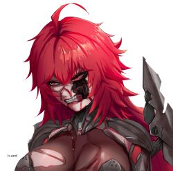 Rule 34 | 1girl, absurdres, ahoge, android, angry, armor, artist name, black armor, blood, blood on face, bodystocking, boobplate, breastplate, breasts, cleavage, clenched teeth, commentary, goddess of victory: nikke, hair between eyes, hazard (h zard), highres, large breasts, long hair, mechanical parts, nihilister (nikke), red eyes, red hair, see-through, see-through cleavage, shoulder armor, sidelocks, simple background, solo, spoilers, teeth, torn bodystocking, torn clothes, upper body, white background