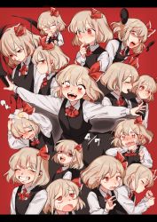Rule 34 | 1girl, bandaid, black skirt, blonde hair, blush, carbonara hontyotyo, character sheet, closed eyes, grin, hair ribbon, long sleeves, looking at viewer, multiple views, necktie, open mouth, outstretched arms, red background, red eyes, red necktie, ribbon, rumia, sharp teeth, short hair, simple background, skirt, skirt set, smile, teeth, touhou, upper body, vest