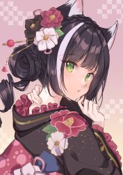 Rule 34 | 1girl, absurdres, animal ears, black hair, blush, cat ears, cat tail, female focus, green eyes, highres, japanese clothes, karyl (princess connect!), kimono, looking at viewer, miyakoto, princess connect!, solo, tail, upper body